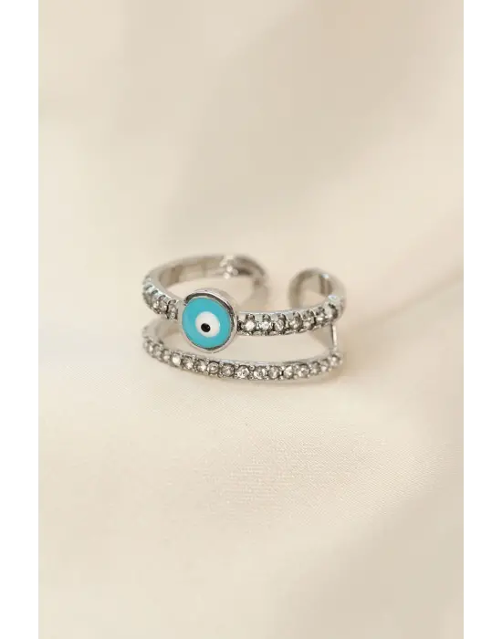 Ayarlamalı Silver Renk Nazar Boncuk Detay Zirkon Taşlı Yüzük