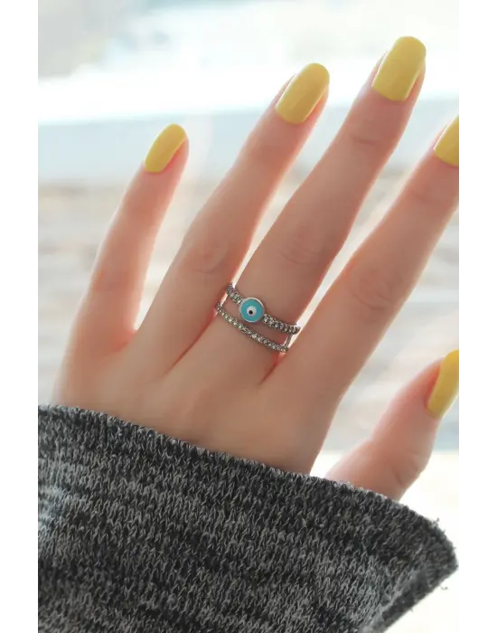Ayarlamalı Silver Renk Nazar Boncuk Detay Zirkon Taşlı Yüzük
