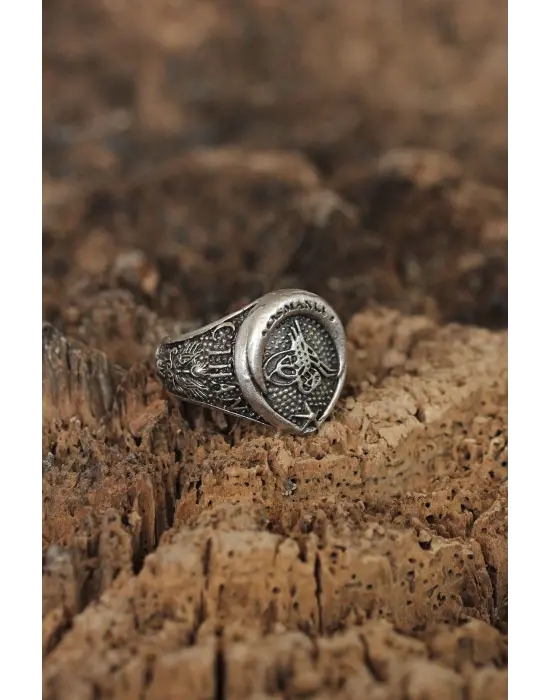 Ayarlamalı Tuğra Tasarımlı Cihan Yazılı Erkek Yüzük