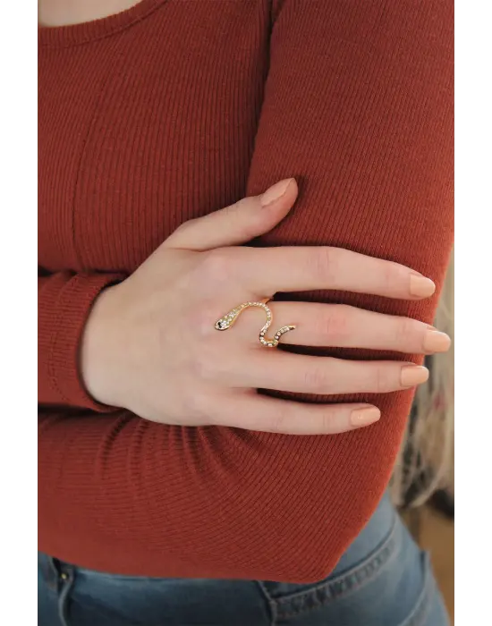 Ayarlanabilir Altın Renk Zirkon Taşlı Yılan Yüzük