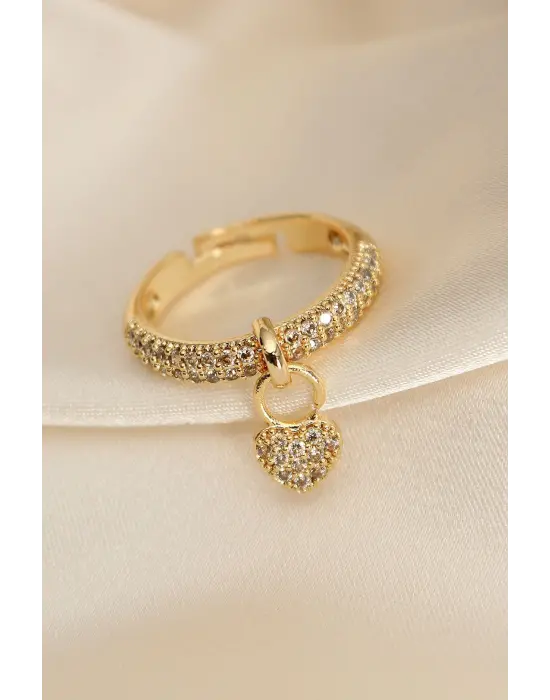 Ayarlanabilir Gold Renk Zirkon Taşlı Kalp Yüzük