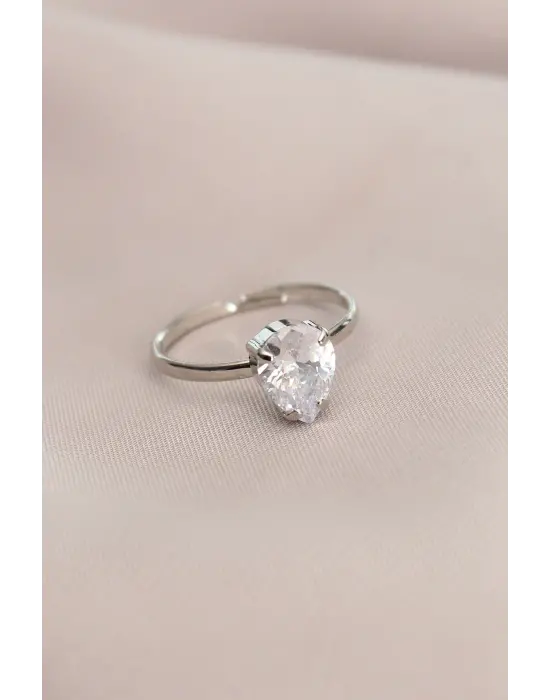 Ayarlanabilir Silver Renk Taşlı Damla Yüzük