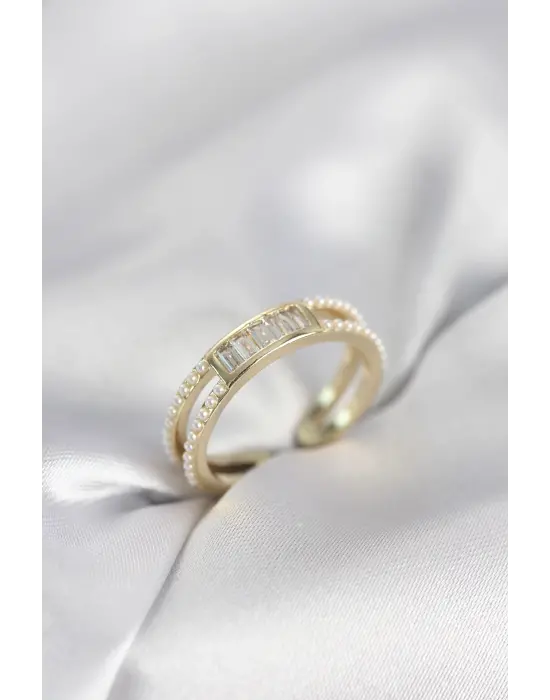 Baget Zirkon Taşlı Gold Renk İncili Kadın Yüzük