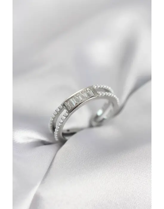 Baget Zirkon Taşlı Gümüş Renk İncili Kadın Yüzük