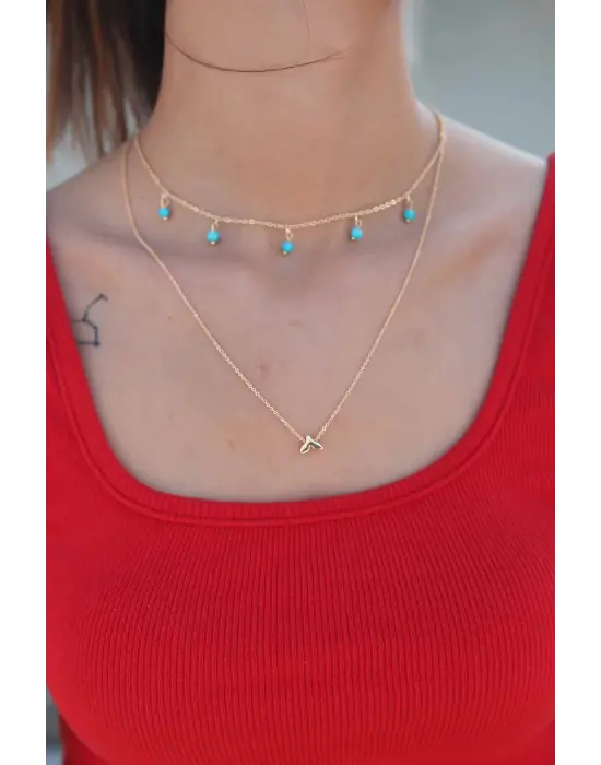 Balık Kuyruğu Figürlü Mavi Boncuklu Gold Renk Kadın Kolye