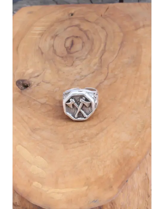 Balta Desenli Gümüş Renk Ayarlanabilir Erkek Yüzük