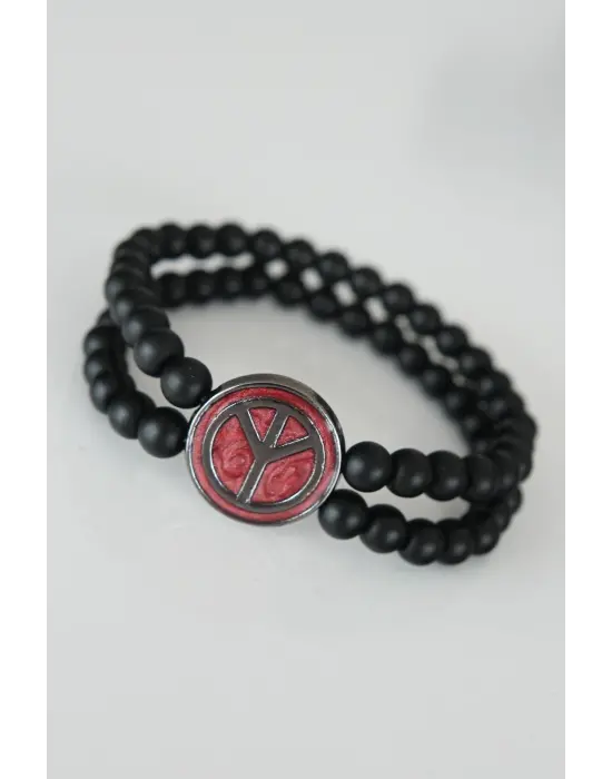 Barış Figürlü Bordo Renk Füme Metal Aksesuarlı Çift Sıra Oniks Doğal Taş Erkek Bileklik