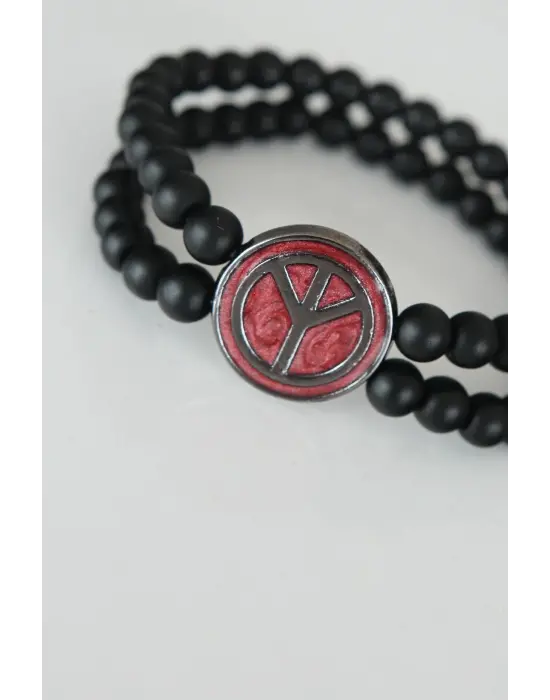 Barış Figürlü Bordo Renk Füme Metal Aksesuarlı Çift Sıra Oniks Doğal Taş Erkek Bileklik