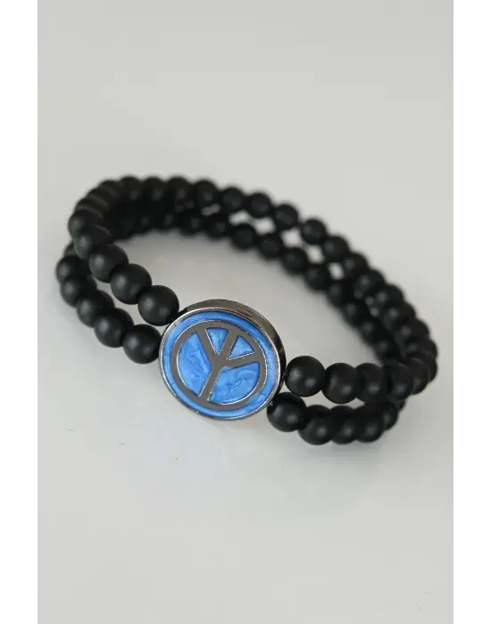 Barış Figürlü Mavi Renk Füme Metal Aksesuarlı Çift Sıra Oniks Doğal Taş Erkek Bileklik