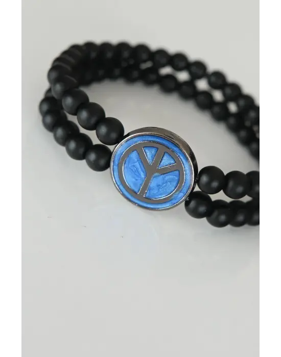 Barış Figürlü Mavi Renk Füme Metal Aksesuarlı Çift Sıra Oniks Doğal Taş Erkek Bileklik