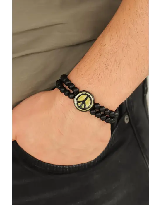 Barış Figürlü Siyah Metal Aksesuarlı Siyah Oniks Doğal Taş Erkek Bileklik