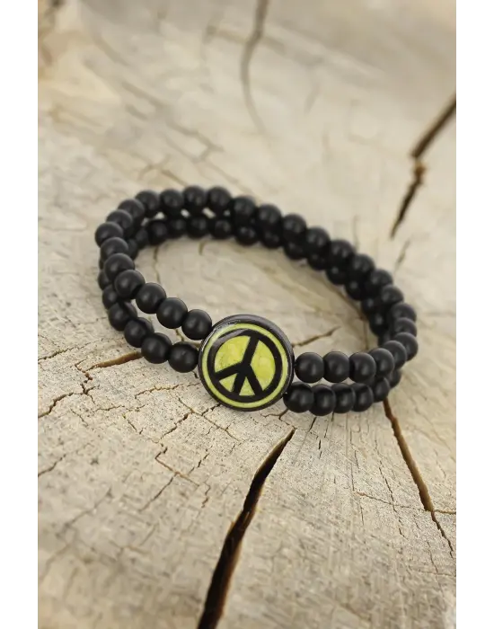 Barış Figürlü Siyah Metal Aksesuarlı Siyah Oniks Doğal Taş Erkek Bileklik