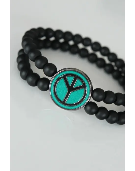 Barış Figürlü Yeşil Renk Füme Metal Aksesuarlı Çift Sıra Oniks Doğal Taş Erkek Bileklik