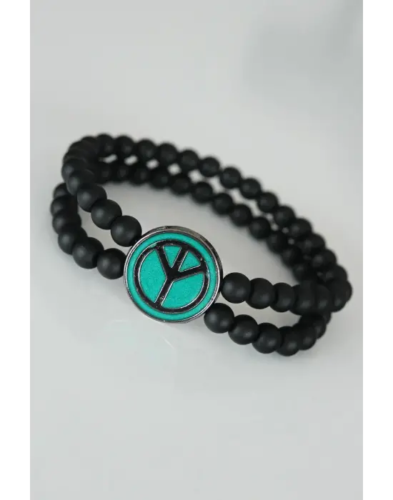 Barış Figürlü Yeşil Renk Füme Metal Aksesuarlı Çift Sıra Oniks Doğal Taş Erkek Bileklik