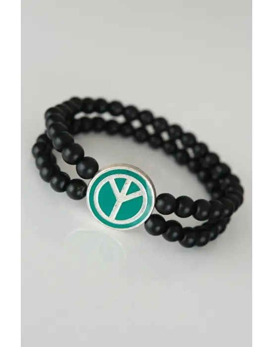 Barış Figürlü Yeşil Renk Silver Metal Aksesuarlı Çift Sıra Oniks Doğal Taş Erkek Bileklik