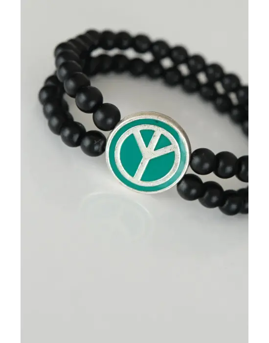 Barış Figürlü Yeşil Renk Silver Metal Aksesuarlı Çift Sıra Oniks Doğal Taş Erkek Bileklik