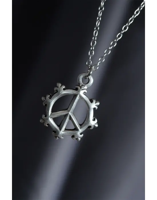 Barış İşareti Model Gümüş Renk Metal Zincirli Erkek Kolye