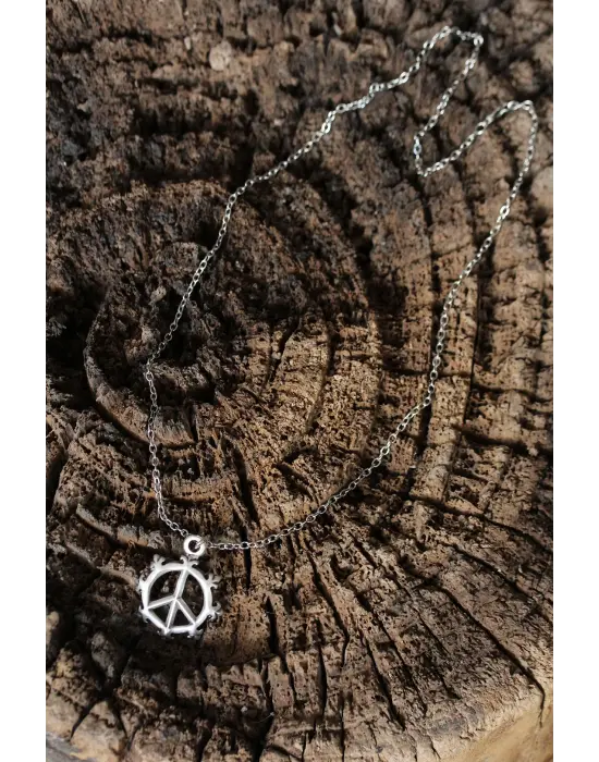 Barış İşareti Model Gümüş Renk Metal Zincirli Erkek Kolye
