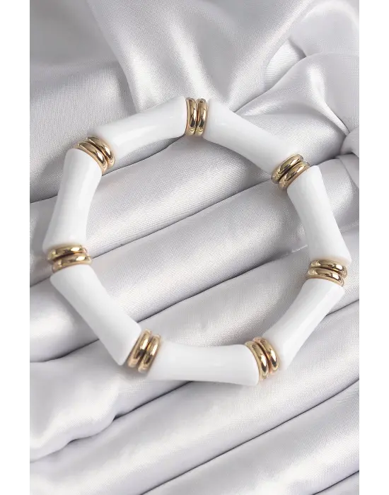 Beyaz Akrilik Lastikli Bambu Model Kadın Bileklik