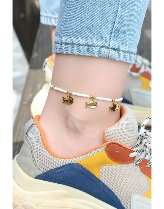 Beyaz Boncuklu Metal Balık Figürlü Halhal