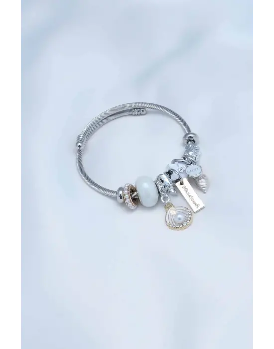 Beyaz Deniz Kabuğu Charm Model Çelik Kadın Bileklik