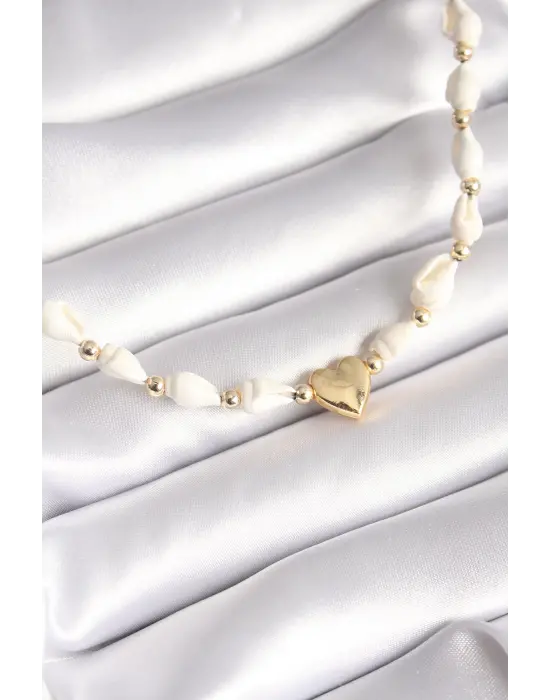 Beyaz Deniz Kabuğu Model Altın  Kalp Figür  Çelik Kolye