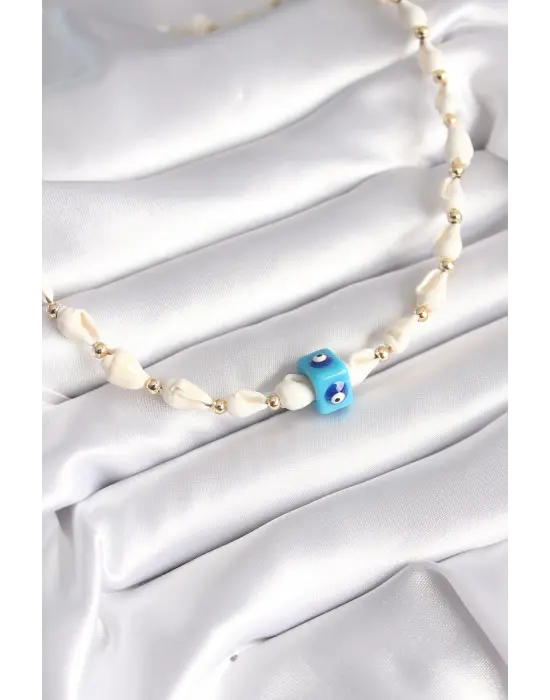 Beyaz Deniz Kabuğu Model Nazar Boncuk Figür  Çelik Kolye