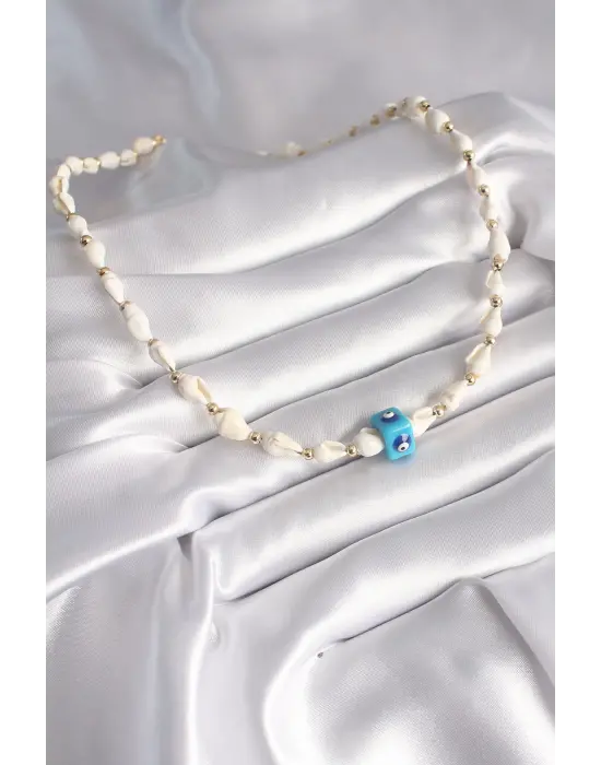 Beyaz Deniz Kabuğu Model Nazar Boncuk Figür  Çelik Kolye