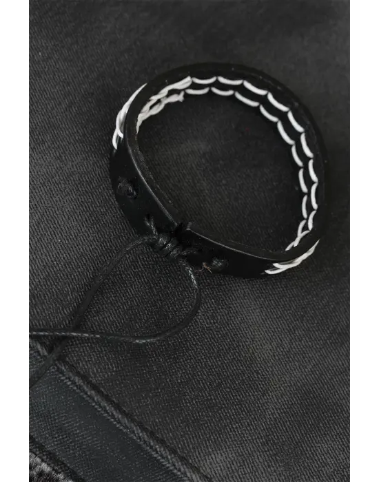 Beyaz Dikişli Siyah Renk Deri Erkek Bileklik