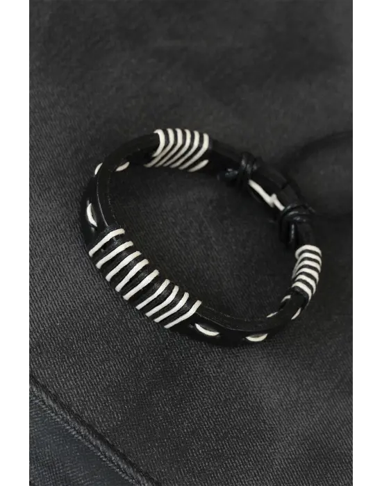 Beyaz İpli Siyah Deri Erkek Bileklik