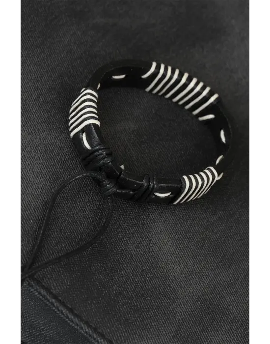 Beyaz İpli Siyah Deri Erkek Bileklik