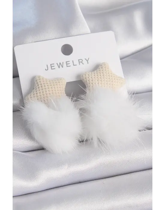 Beyaz Renk Tüylü Yıldız Ponpon Model Çelik Küpe