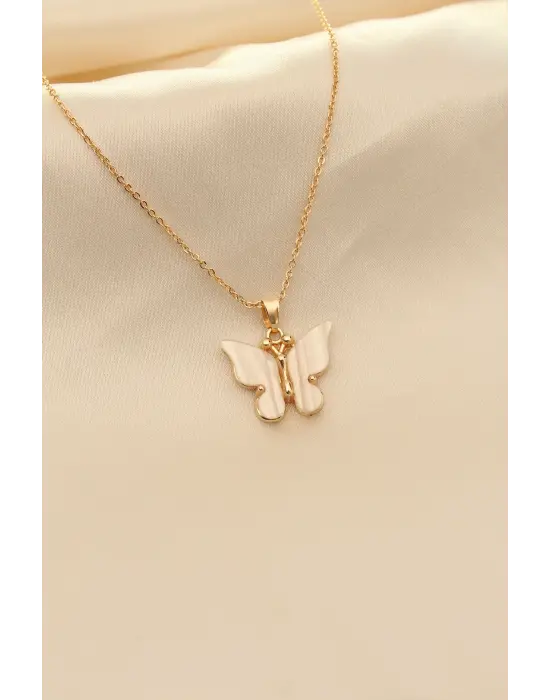 Beyaz Sedefli Kelebek Figürlü Kadın Kolye