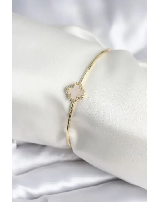 Beyaz Sedefli Yonca Model Gold Renk Kadın Bileklik