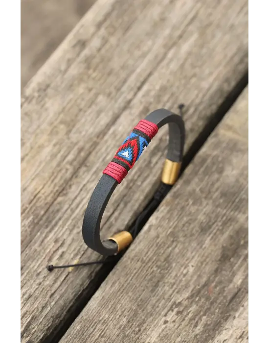 Bordo İpli Etnik Desenli Kadın Deri Bileklik