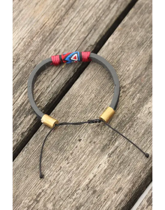 Bordo İpli Etnik Desenli Kadın Deri Bileklik