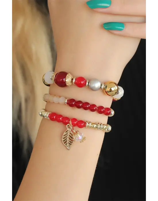 Bordo Kırmızı Boncuklu Bayan Bileklik