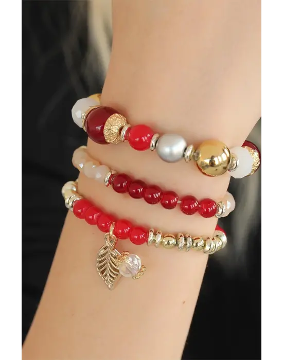 Bordo Kırmızı Boncuklu Bayan Bileklik