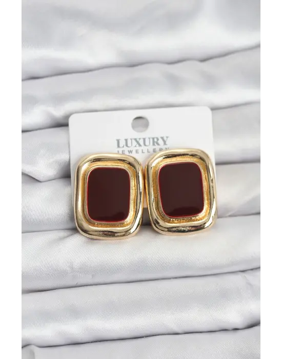 Bordo Mineli Kare Gold Renk Vintage Kadın Küpe