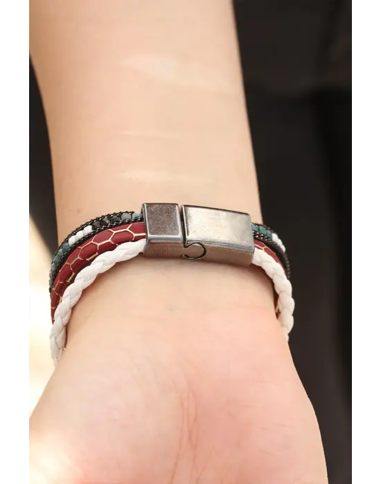 Bordo Renk Desenli Tasarımlı Taşlı Beyaz Örgü Model Kadın Deri Bileklik