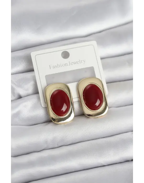 Bordo Renk Kare Model Vintage Kadın Küpe