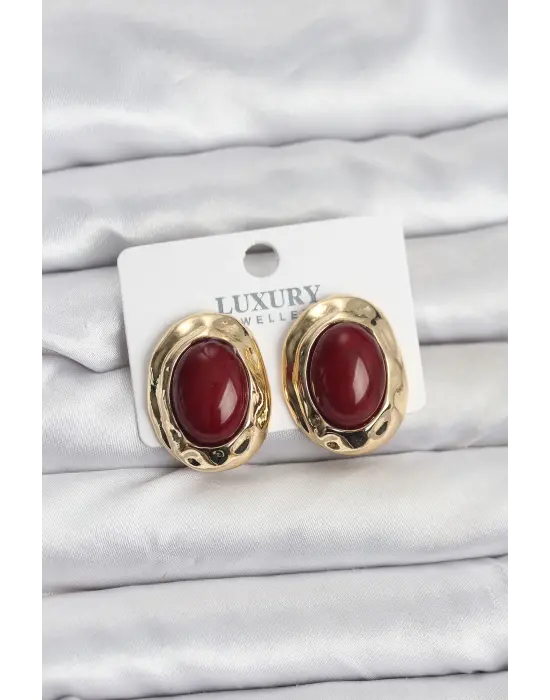 Bordo Renk Oval Vintage Pirinç Kadın Küpe