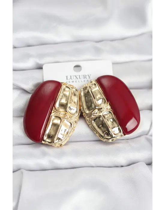 Özel Tasarım Bordo Renk Pirinç Vintage Kadın Küpe