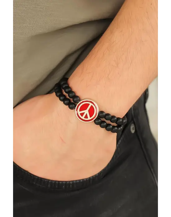 Bordo Renk  Renk Metal Barış Simgesi Tasarımlı Siyah Renk Mat Oniks Doğal Taş Erkek Bileklik