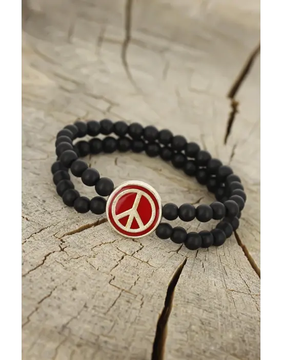 Bordo Renk  Renk Metal Barış Simgesi Tasarımlı Siyah Renk Mat Oniks Doğal Taş Erkek Bileklik