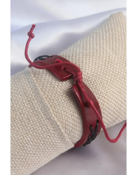 Bordo Renk Siyah İpli Deri Erkek Bileklik