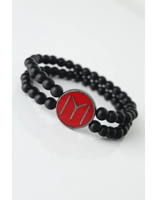 Bordo Renkli Metal Üzerine Füme Kayı Boyu Figürlü Siyah Renk Çift Sıra Doğal Taş Erkek Bileklik