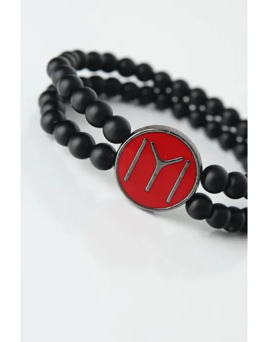 Bordo Renkli Metal Üzerine Füme Kayı Boyu Figürlü Siyah Renk Çift Sıra Doğal Taş Erkek Bileklik