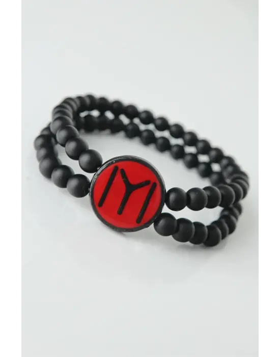 Bordo Renkli Metal Üzerine Siyah Kayı Boyu Figürlü Siyah Renk Çift Sıra Doğal Taş Erkek Bileklik