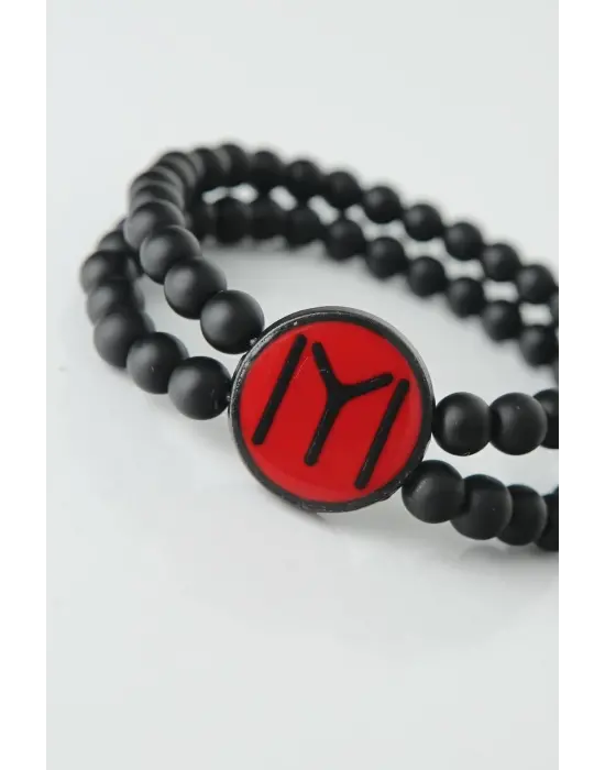 Bordo Renkli Metal Üzerine Siyah Kayı Boyu Figürlü Siyah Renk Çift Sıra Doğal Taş Erkek Bileklik